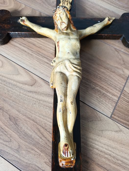 Duży stary krucyfiks drewniany 95 cm – retro / vintage okazja