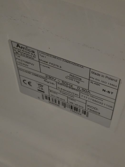 Lodówka tylko 0,64 kwh/dobę Amica