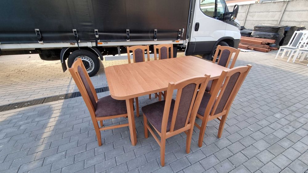 OD RĘKI , Stół rozkładany + 6 krzeseł , olcha + brąz , NOWE