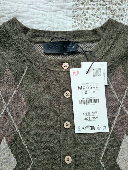 Sweter z paskiem Zara wełna romby M