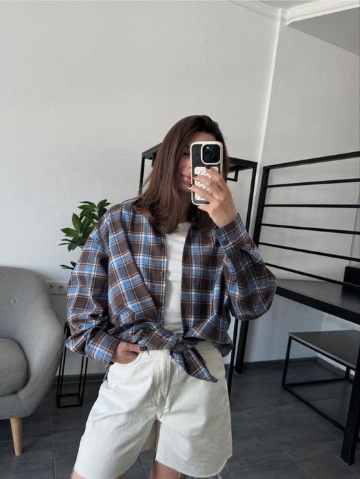 Трендова сорочка шоколад з синім в клітинку, картата сорочка коричнева