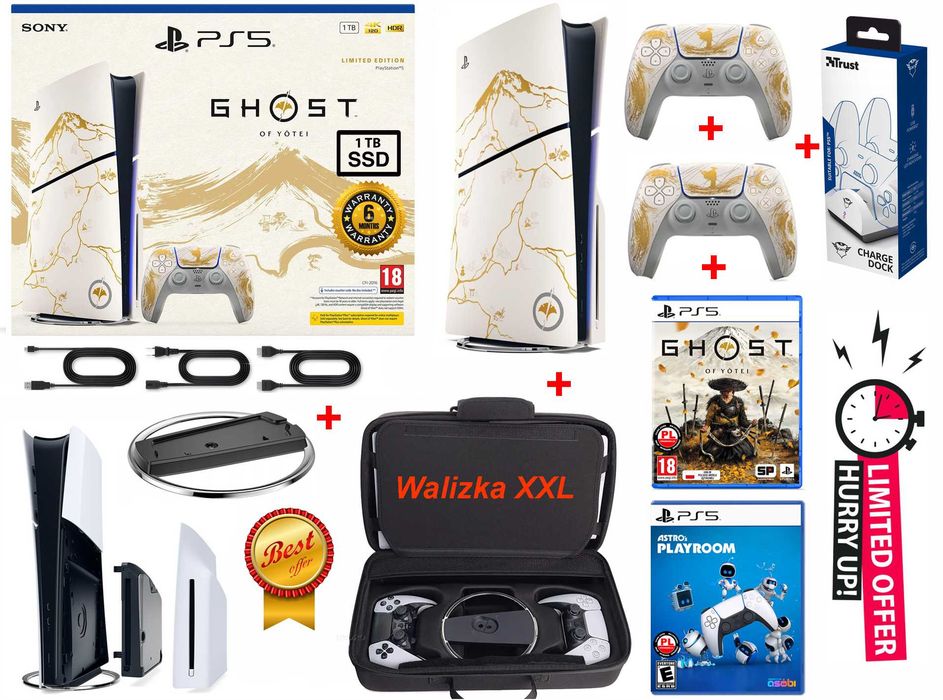 PS5 Slim 1TB z napędem Limitowana + 2 pady Dualsense + walizka XXL + stand + stacja ładowania padów