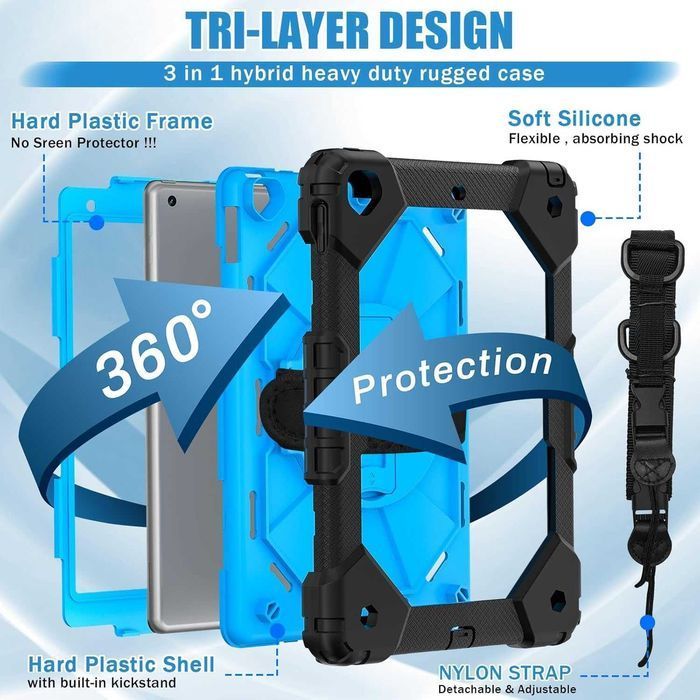 CSHNB etui 360 pancerne iPad 10.2'' 7/8/9 gen uchwyt pasek niebieskie