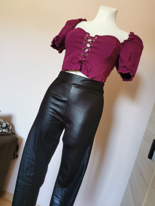 Legginsy czarne z lampasem lampas woskowane wysoki stan 42 44 XL XXL