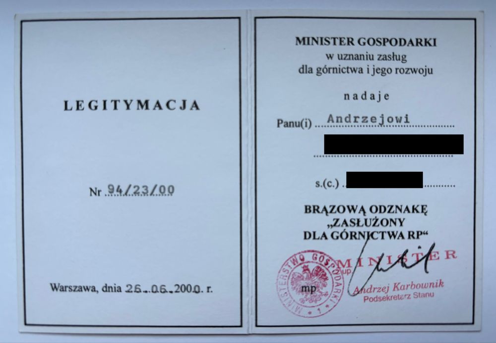 Zasłużony dla górnictwa ZZG legitymacje odznaczenia