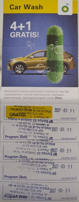 Karnet na myjnię automatyczną BP 5x Program Złoty