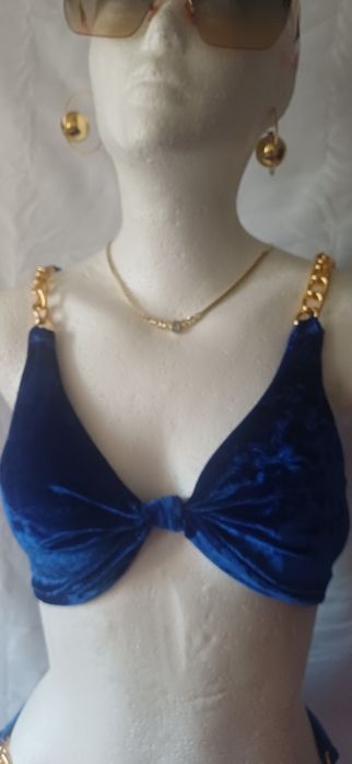 Strój kąpielowy SHEIN welurowy niebiesko-złoty bikini NOWY