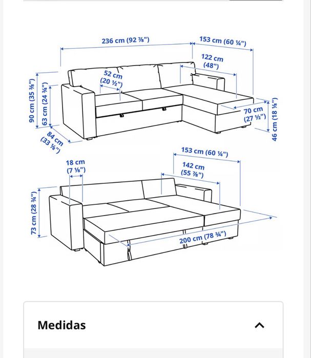 Sofá-cama com chaise longue IKEA