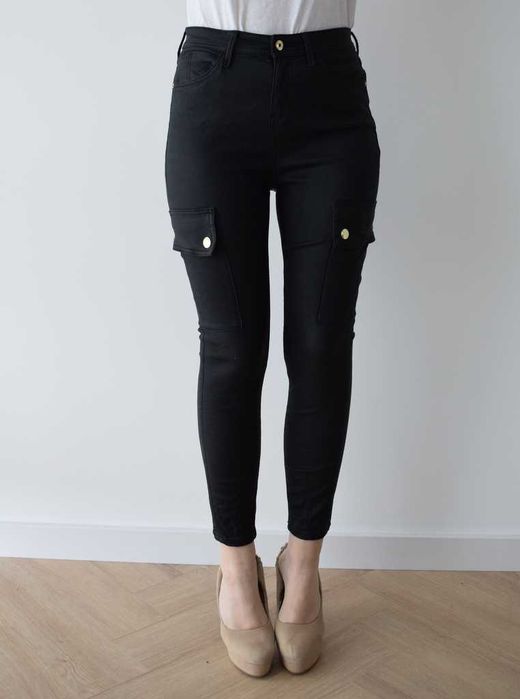 River Island bojówki spodnie rurki wysoki stan woskowane czarne 36 s