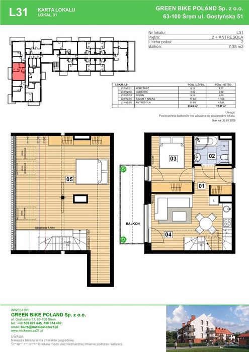 Mieszkanie L31 | 65,65 m² |3 pok.| Balkon 7,35 m² | Antresola 30,99 m²