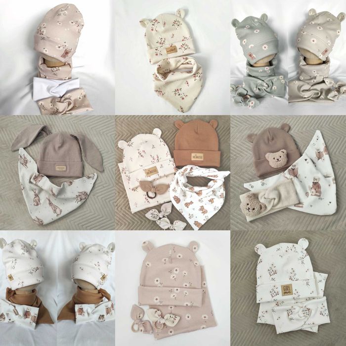 Na wymiar komplet jesienny wiosenny prążek kwiaty czapka miś chustka