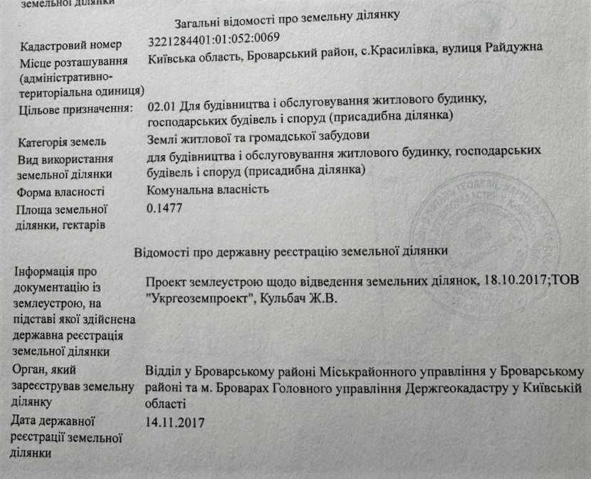 Продам ділянку під житлову забудову 15 соток Красилівка,Бровари 10 хв