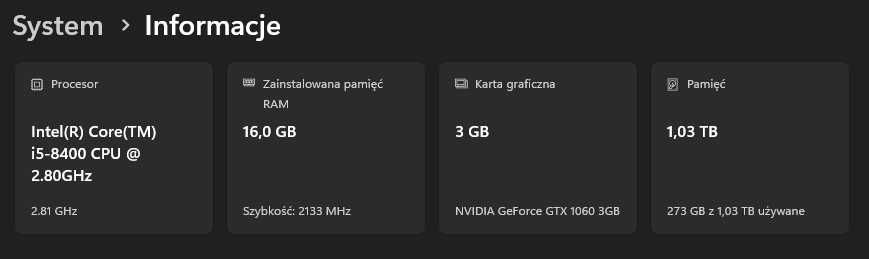 Komputer i5-8400, Nvidia GTX 1060 3GB, 16GB DDR4 RAM, 128GB SSD, 1TB HDD
