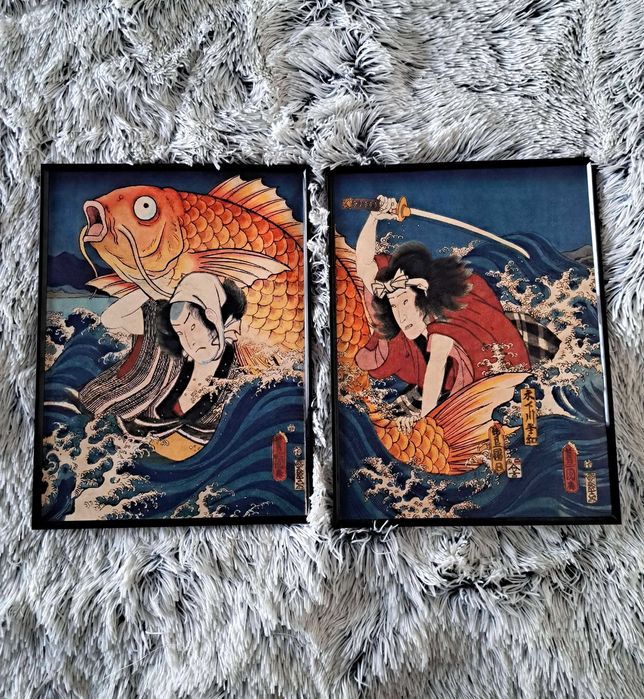 Plakaty w ramce Pokemon Walka z Magikarp Styl Ukiyo-e Japan