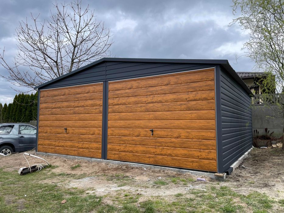 Garaż blaszany 6x6, grafit mat + złoty dąb. PROFIL OCYNKOWANY.