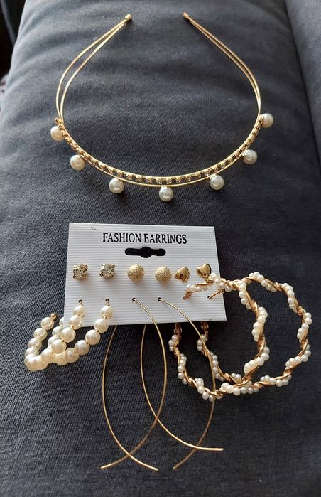 Zestaw kolczyków i opaska do włosów cyrkonie perełki