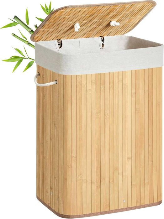 Kosz na pranie bambusowy SONGMICS 72 L – składany, z pokrywą