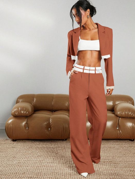 Komplet Elegancki Marynarka +Spodnie Z Szerokimi Nogawkami Haute S 36