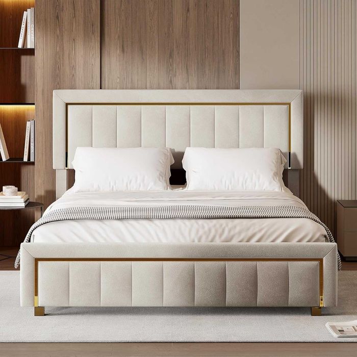 Cama c/ estrado elevatório Bege e Dourada