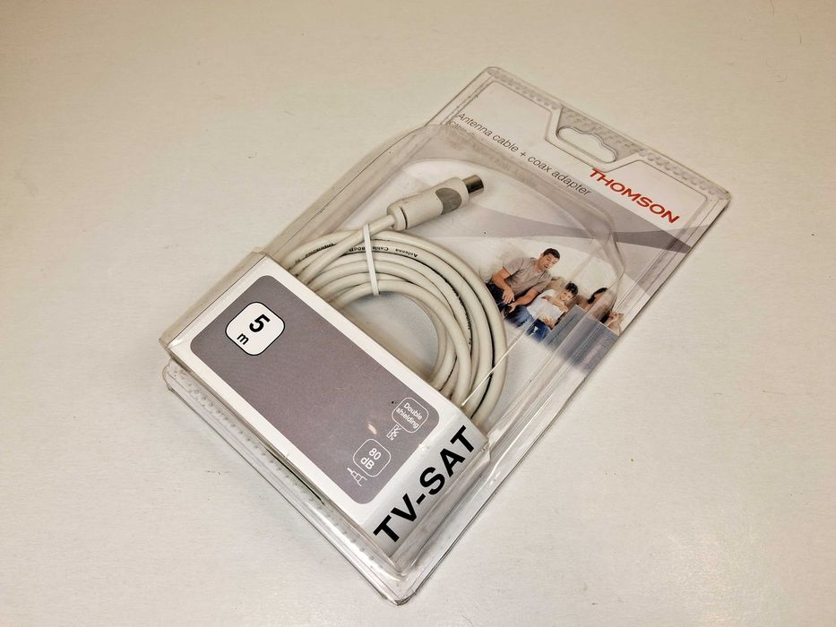 N147 Kabel Antenowy Thomson 5m Biały Z Adapterem Coax TV-SAT Nowy