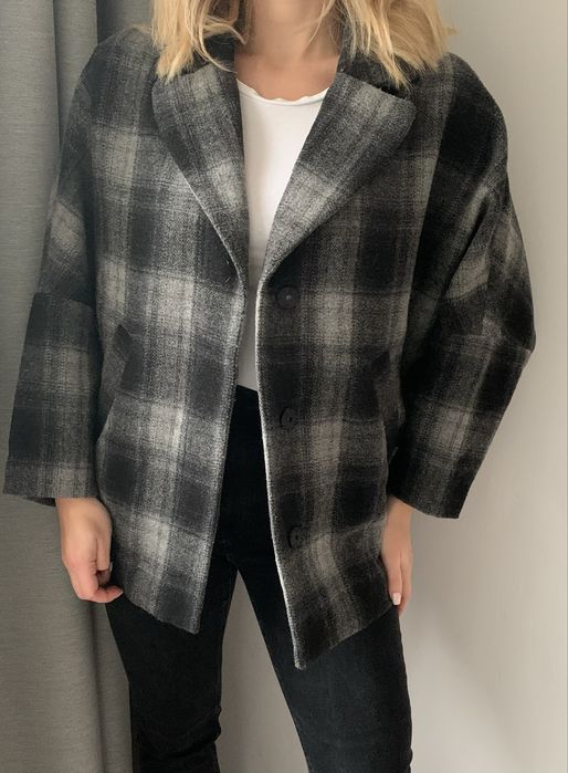 Wełniana kurtka okrycie wierzchnie w kratę blezer S M L XL oversize