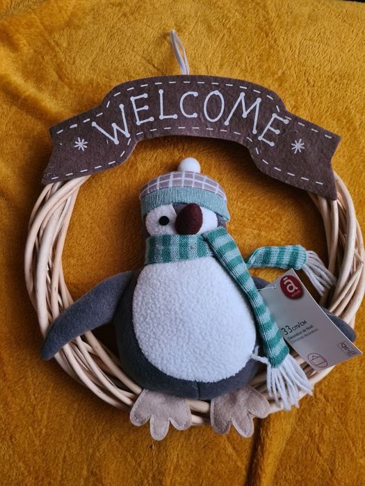 Nowa Ozdoba  Świąteczna Zimowa 33cm Pingwin Wieniec wiklinowy