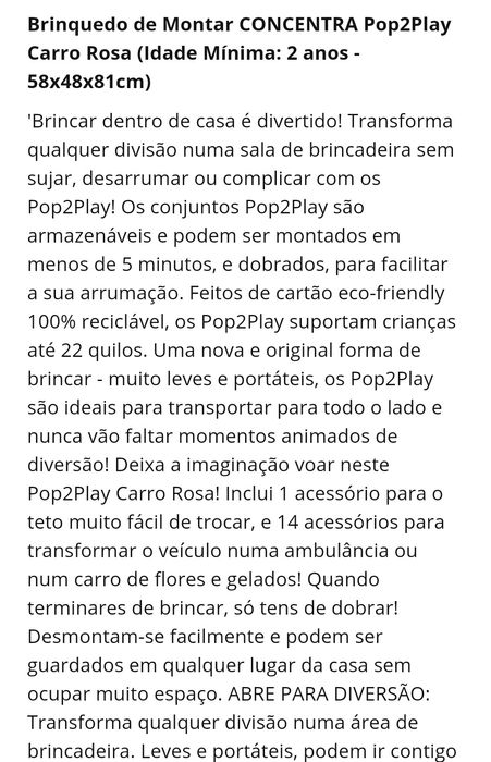 Pop 2 play carro de brincar cor de rosa(Artigo único)