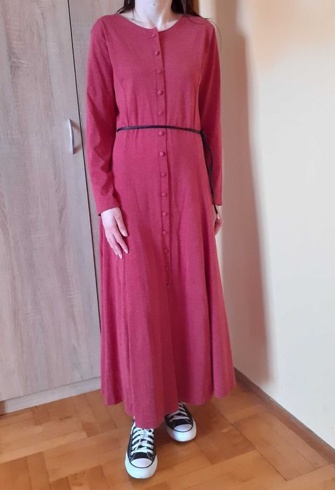 36 38 Sukienka długa maksi maxi guziki wiskoza casual vintage retro