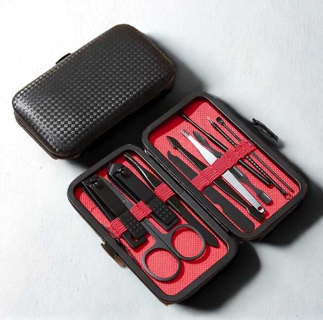 Mini estojo de manicure preto com 11 peças em aço inoxidável
