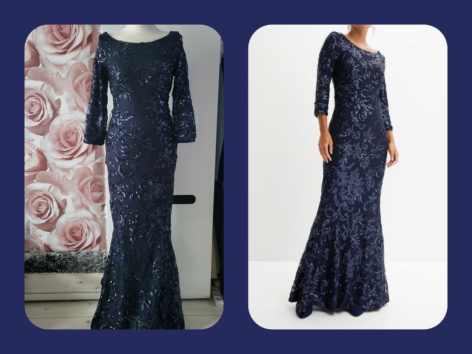 Granatowa sukienka maxi cekinowa,fason syrenka, XS do S , M-L, Bonprix