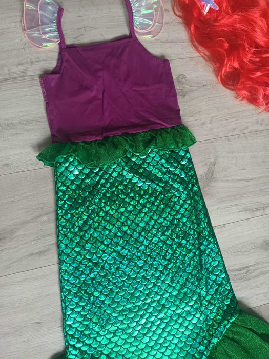 Nowy strój! Syrenka Ariel + PERUKA + biżuteria! r. 122/128