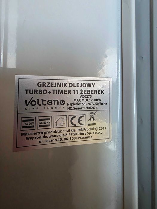 Grzejnik Olejowy Turbo Volteno biały 11 żeberek Timer Ciepło Oszczędny