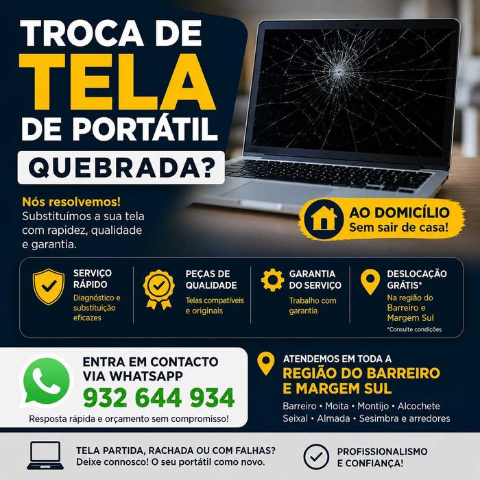 Troca de Tela de Portátil Quebrada | Ao Domicílio | Barreiro e Margem Sul