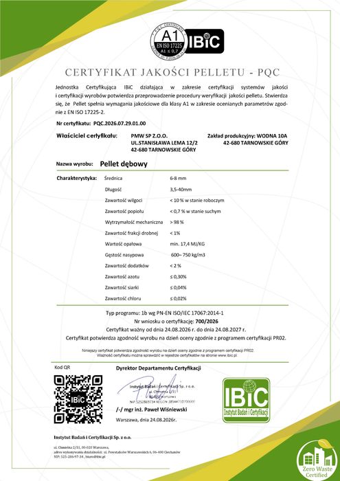 Ekologiczny PELLET Dębowy- Certyfikat IBiC A1- od producenta Worki 15 KG - 1005KG