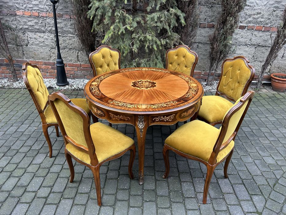Stół Ludwikowski + 6 Krzeseł Ludwik Intarsja Jadalnia Po Renowacji