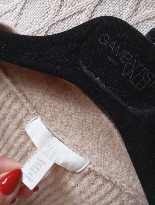 H&M M-XL Luźny prążkowany beżowy kardigan oversize z wełną