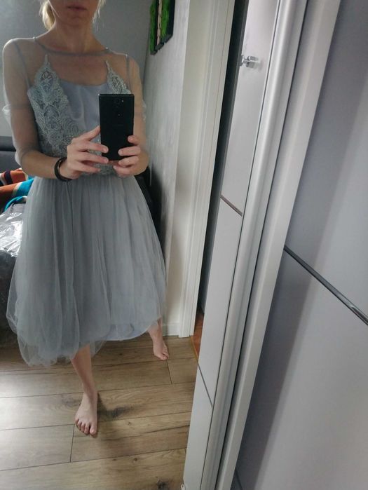 suknia wesele tiul gipiura szary 36/38 CHICHI
