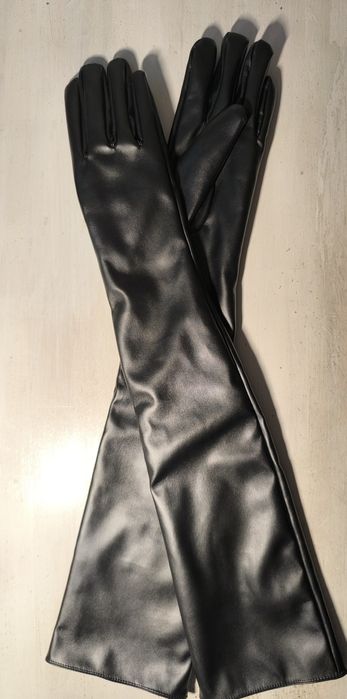 Długie rękawiczki czarne eko skóra 58 cm ocieplane