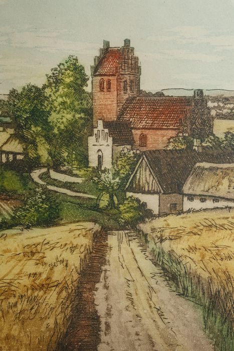 oryginalna skandynawska grafika z wiejskim pejzażem