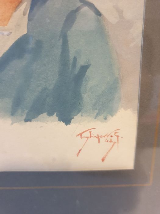 Aquarela antiga  retrato de um menino  de 1942 - assinado