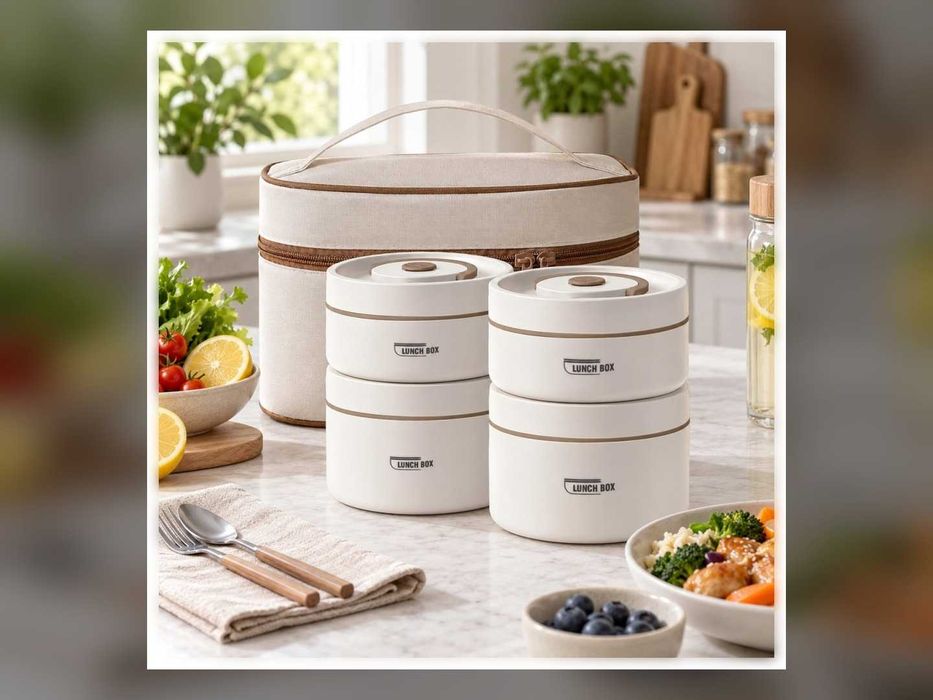 Termos Obiadowy Lunchbox 4 Pojemniki Stalowe 2,08L Torba Termiczna Szczelne Bento Box Na Obiad