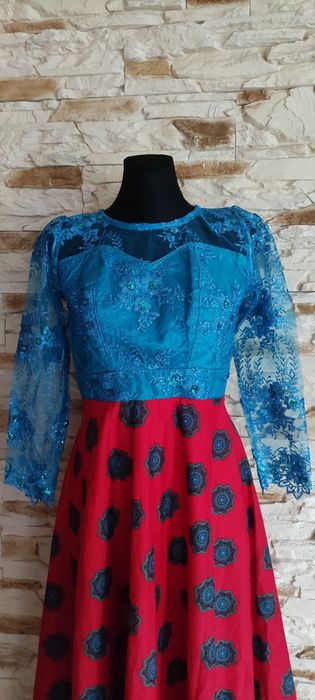 Sukienka długa rozkloszowana, koronka, haft, rozmiar M