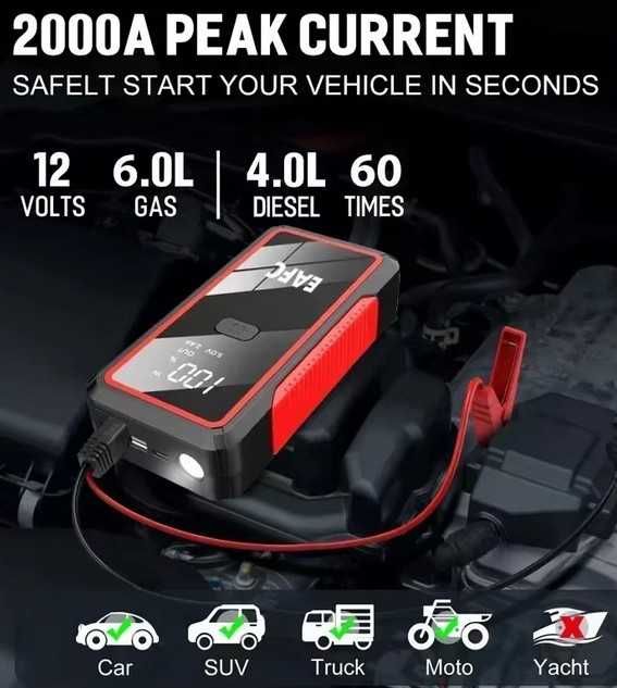Booster Bateria Auxiliar para carro | 2000A 12V | Luz  | Power Bank