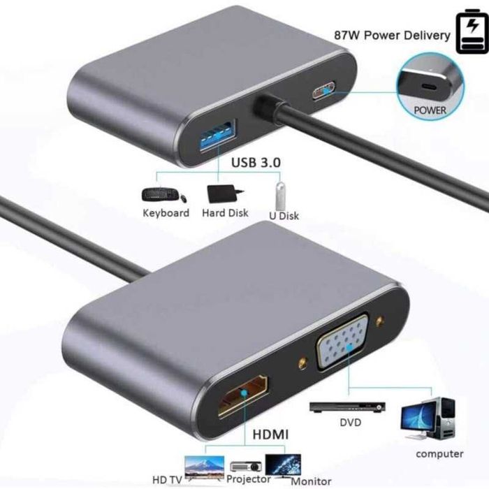 Перехідник 4K USB-C HUB PD+HDMI+VGA+USB adapter 4 in 1