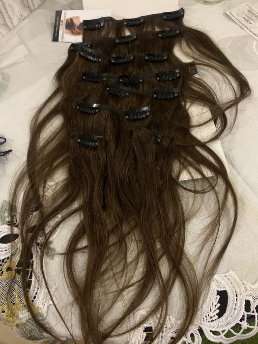 Трессы на заколках , натуральные , новые в упаковке , каштан