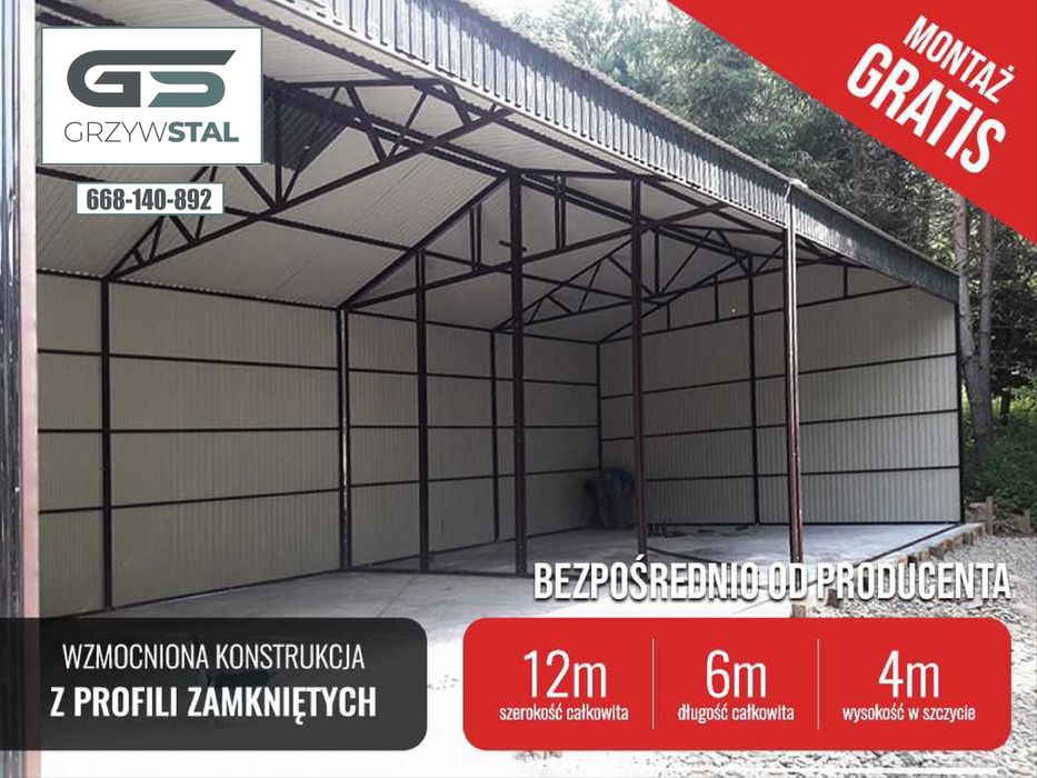 Garaż Blaszany |Wiata o wymiarach 12x6m OTWARTA | HALA  - GRZYWSTAL