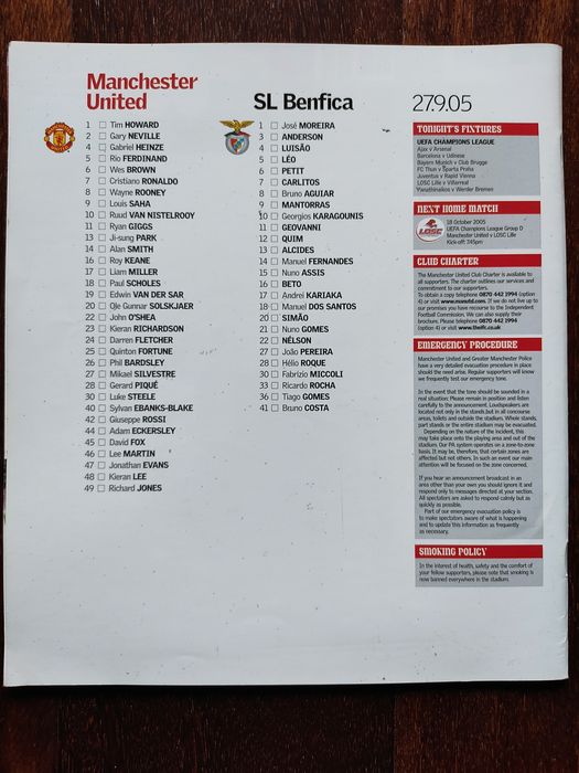 Programa de jogo Manchester United Benfica 2005/06 Champions league