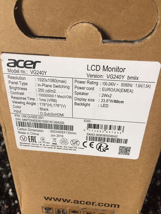 Monitor Acer VG240Y uszkodzony