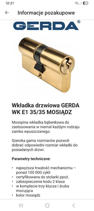 Wkładka drzwiowa GERDA WK E1 35/35 MOSIĄDZ