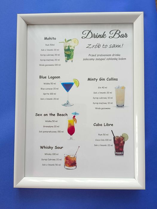 Drink bar karta wesele z przepisami w ramce A4, kolory